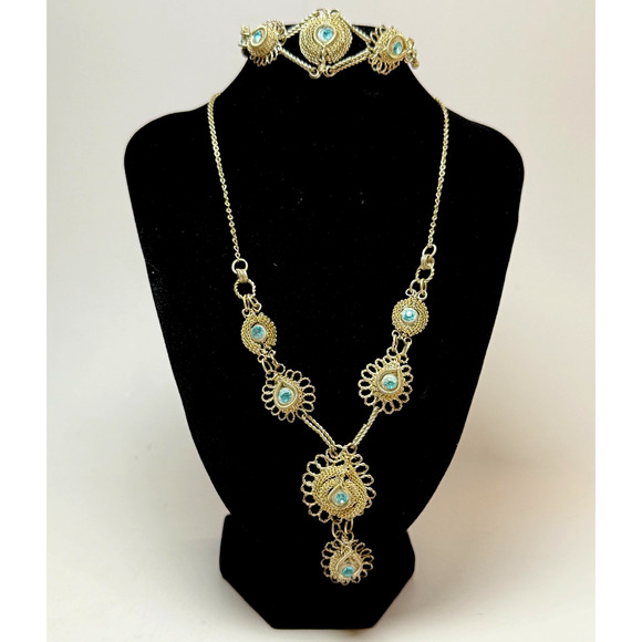 Antique Silesian Wirework Necklace & Bracelet Set Blue Rhinestones Victorian - Picture 1 of 7